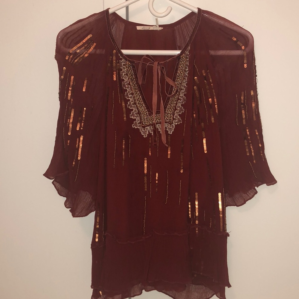 Anthropologie rust gauzy blouse with sequins